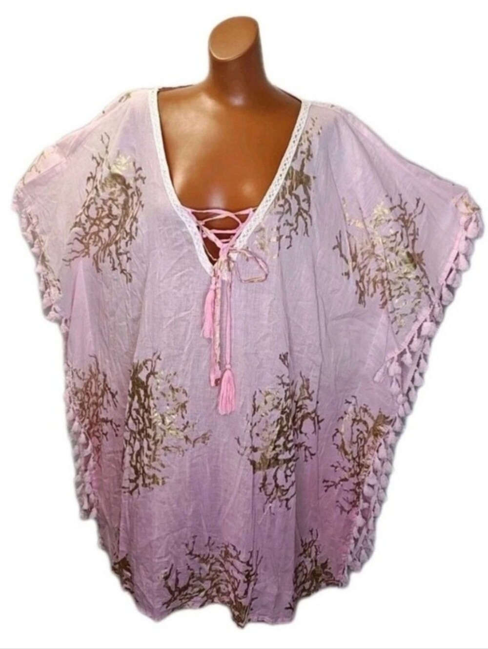 Debbie Katz South Beach Fringed Coverup Tunic Sz 3X-4X Sheer Pink Gold Resort